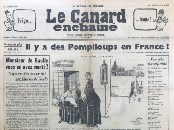 Couac ! | N° 2207 du Canard Enchaîné - 6 Février 1963 | La France retrouve son ami traditionnel LE FRANCO - Ca me débecte ! - Cinéma : " Le glaive et la balance " - André Cayatte - Les trésors de la peinture espagnole - Théâtre : du Tertre à Chaillot - | 2207