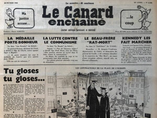 Couac ! | N° 2208 du Canard Enchaîné - 13 Février 1963 | La vie des bêtes illustres : le pompidou - les dégâts de la Marine - La dernière aventure de Monsieur Tiroir-Caisse - M. Tschombé - Théâtre : le neveu de Rameau c'est Fresnay - "Le piéton de l'air" d'Eugène Ionesco - "Sacré Léonard" de Poiret et Serrault - Cinéma : Le soupirant - Pierre Etaix - Le doulos - | 2208 2