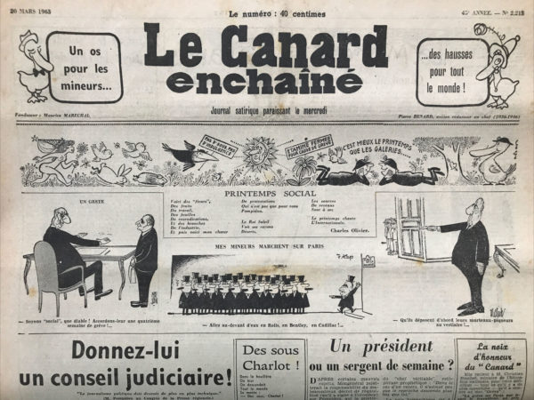 Couac ! | N° 2213 du Canard Enchaîné - 20 Mars 1963 | Un os pour les mineurts... des hausses pour tout le monde ! - Printemps social - La République de la vertu et la Réunion de Debré à la France - Mauritanie te salutant - Cinéma : Lawrence d'Arabie - | 2213