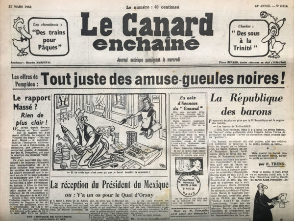 Couac ! | N° 2214 du Canard Enchaîné - 27 Mars 1963 | Les cheminots: "Des trains pour Pâques" ... Charlot: "Des sous à la Trinité " - Les offres de Pompidou: Tout juste des amuse-gueules noires ! - Théâtre : "Les parachutistes" de Jean Cau - Cinéma : Le procès de Jeanne d'Arc, Robert Bresson - | 2214