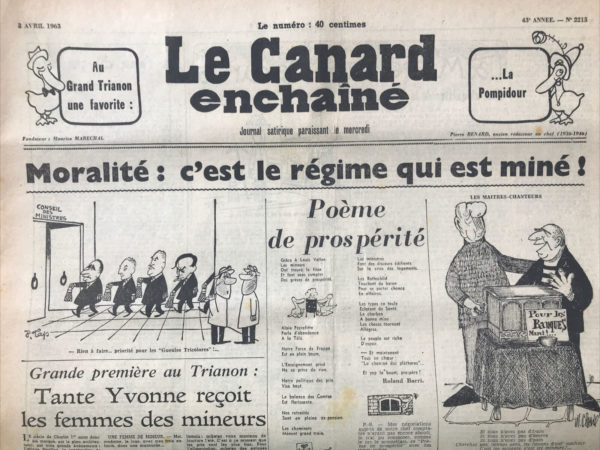 Couac ! | N° 2215 du Canard Enchaîné - 3 Avril 1963 | Grande première au Trianon : Tante Yvonne reçoit les femmes des mineurs - Le gaullisme immobilier (suite) : les chants d'Elysée II - Maziol - A la rôtissoire : L'affairisme considéré comme l'un des beaux-arts - Georges Wildenstein - | 2215