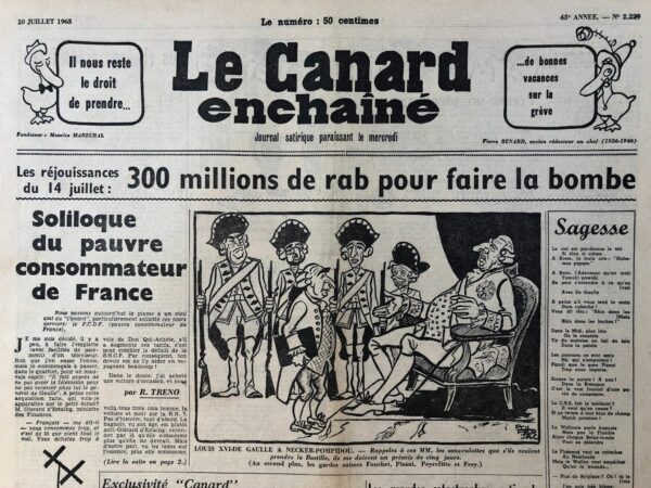 Couac ! | N° 2229 du Canard Enchaîné - 10 Juillet 1963 | "LOUIS XVI-DE GAULLE A NECKER - POMPIDOU" - CINEMA: "LES GRANDS CHEMINS", JEAN GIONO - | 2229 1