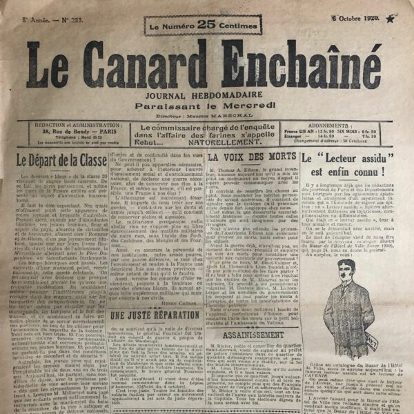 Couac ! | N° 223 du Canard Enchaîné - 6 Octobre 1920 | Nos Exemplaires du Canard Enchaîné sont archivés dans de bonnes conditions de conservation (obscurité, hygrométrie maitrisée et faible température), ce qui s'avère indispensable pour des journaux anciens. | 223 1 rotated