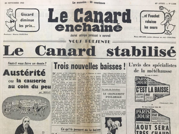 Couac ! | N° 2239 du Canard Enchaîné - 18 Septembre 1963 | Réactions du Canard aux conférences de presse de Pompidou et Giscard - Austérité ou la causerie au coin du peu - Irak: on raque - Une affaire Andorre - Cinéma: Hud avec paul Newman, une histoire de vaches - Bobino: Brassens obligatoire !  Roland Bacri - Toutes nos excuses M. Papon - | 2239