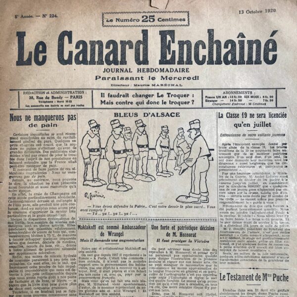 Couac ! | N° 224 du Canard Enchaîné - 13 Octobre 1920 | Nos Exemplaires du Canard Enchaîné sont archivés dans de bonnes conditions de conservation (obscurité, hygrométrie maitrisée et faible température), ce qui s'avère indispensable pour des journaux anciens. | 224 rotated