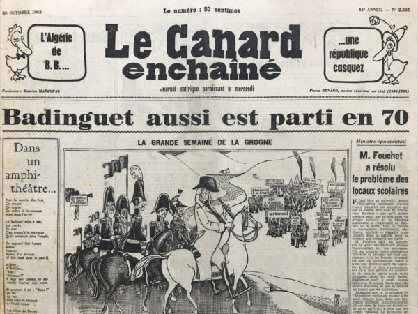 Couac ! | N° 2245 du Canard Enchaîné - 30 Octobre 1963 | La grande semaine de la grogne - de Gaulle, Giscard - L'Afrique du Nord à feu et Hassan - B.B. à Londres - Le cinéma: un grand machinscope : Cléopatatras - | 2245