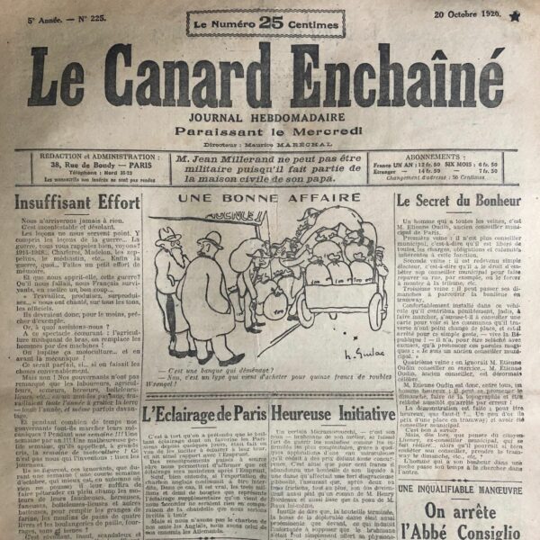 Couac ! | N° 225 du Canard Enchaîné - 20 Octobre 1920 | Nos Exemplaires du Canard Enchaîné sont archivés dans de bonnes conditions de conservation (obscurité, hygrométrie maitrisée et faible température), ce qui s'avère indispensable pour des journaux anciens. | 225 rotated