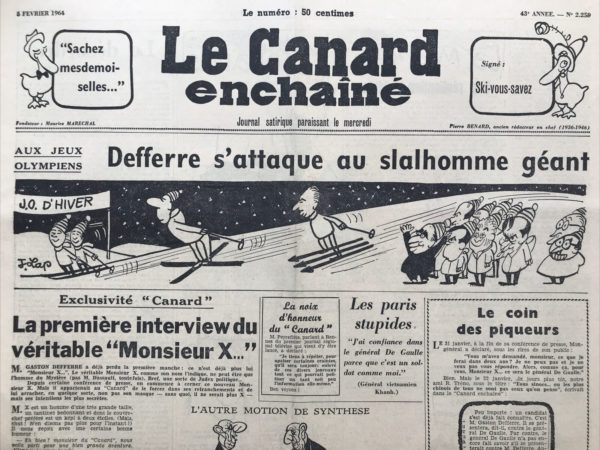 Couac ! | N° 2259 du Canard Enchaîné - 5 Février 1964 | Defferre s'attaque au slalhomme géant - Vive Mariolle Gaullechel ! - la cinquième dépose son bilan - Le désordre - Attention à l'entourloupe - la voie aux chapitres : "Les Mots" et quels mots ! de Jean-paul sartre chez Gallimard - Cinéma : la vie conjugale de André Cayatte avec Jacques Charrier, Marie-José Nat, Michel Subor - | 2259