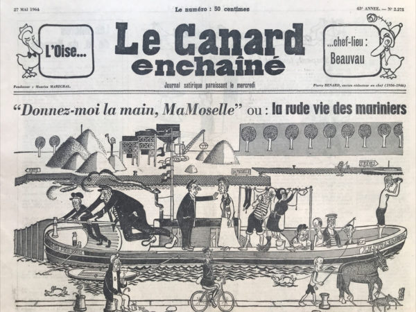 Couac ! | N° 2275 du Canard Enchaîné - 27 Mai 1964 | L'idéal Gaulliste comme si vous y étiez, par R. Tréno - Tréno offre une critique cinglante de ce qu'il perçoit comme l'idéal gaulliste. Tréno utilise un ton sarcastique et ironique pour dépeindre ce qu'il considère comme les aspects les plus sombres et les plus hypocrites de la politique gaulliste. Il présente l'idéal gaulliste comme un masque pour des intérêts personnels et des manœuvres de pouvoir, plutôt que comme une véritable vision pour la France. Tréno dénonce l'utilisation cynique de l'idéal gaulliste pour justifier des actions telles que la remise en cause des libertés civiles, l'utilisation de la force policière et des services de renseignement pour maintenir le pouvoir, et l'ignorance des principes démocratiques au nom de la grandeur nationale. Il souligne également les contradictions entre les actions du gouvernement gaulliste et les idéaux qu'il prétend défendre, en se concentrant notamment sur la répression des dissidents et le mépris des institutions démocratiques. Enfin, Tréno conclut en critiquant le manque de véritable idéalisme dans la politique gaulliste, dénonçant les motivations égoïstes des acteurs politiques et des élites économiques qui profitent du système en place. Il suggère que l'idéalisme gaulliste n'est qu'un prétexte pour maintenir le statu quo et préserver les privilèges de certains groupes au détriment du bien-être de la société dans son ensemble. Tréno mentionne ainsi des personnalités telles que M. le ministre Frey, dit Roger-la-Houppette, et François Mitterrand. Il critique également les actions de diverses institutions et personnalités, telles que les forces de police, les services de renseignement, et des juristes comme M. René Capitant et M. Foyer. Enfin, il évoque des figures économiques et politiques influentes comme les Rothschild et M. Dassault. | 2275