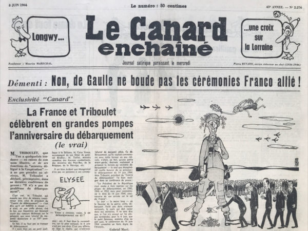 Couac ! | N° 2276 du Canard Enchaîné - 3 Juin 1964 | It's a Longwy......mais le Pouvoir n'a pas dit son dernier mot ! par R. Tréno - Dans cet article, Tréno commente l'élection du député anti-U.N.R. de Longwy, en la qualifiant de rebondissement inattendu. Il utilise un ton sarcastique pour souligner l'ironie de la situation, notamment en se référant aux déclarations passées des membres du gouvernement vis-à-vis des partis d'opposition. Tréno mentionne également l'inauguration du canal "franco-gaullois" par le général, soulignant le contraste entre cet événement et le résultat électoral à Longwy. Il évoque ensuite les décisions prises par le gouvernement en réaction à l'élection de Longwy. Tréno mentionne l'abandon du projet d'élection présidentielle au suffrage universel, proposant à la place le vote bloqué pour éviter les résultats indésirables. Il utilise cette proposition pour critiquer l'instabilité de la démocratie et la manipulation politique. Tréno conclut en suggérant que le gouvernement pourrait chercher à invalider le député élu ou à bloquer la ville de Longwy pour éviter toute autre déconvenue électorale. Il soulève également la question de l'utilité des industries de la région de Longwy, suggérant une possible remise en question de leur importance économique. | 2276