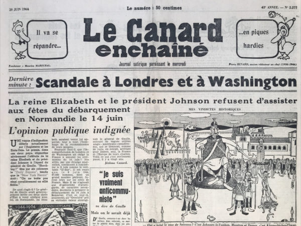 Couac ! | N° 2277 du Canard Enchaîné - 10 Juin 1964 | Le gouvernement déclare la guerre aux mystiques, par R. Tréno - Dans cet article, Tréno aborde le sujet de la "démoustification" discutée lors du dernier Conseil des ministres, clarifiant qu'il s'agit en réalité de "démystification". Il ironise sur l'interprétation erronée du terme, soulignant l'importance de démystifier certains aspects de la société française. Il évoque notamment la mainmise du gouvernement sur la R.T.F. et la nécessité de rendre cette institution autonome. Tréno cite le général Billotte, qui utilise l'expression "à Ma Mesure" pour illustrer l'importance de rétablir l'équilibre entre liberté et pouvoir. Il poursuit en critiquant d'autres idées préconçues, telles que la stabilisation des prix ou la perception des impôts en échange des services publics. Il mentionne également le concept de "force de frappe" et souligne l'ironie de la dissuasion nucléaire en expliquant qu'elle repose sur la capacité de l'armée française à s'atomiser elle-même. En conclusion, Tréno insiste sur la nécessité de poursuivre la démystification de la société française, afin que les citoyens ne perçoivent plus le général de Gaulle comme une figure quasi-mystique, mais comme un leader politique ordinaire. | 2277