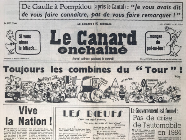 Couac ! | N° 2279 du Canard Enchaîné - 24 Juin 1964 | Il faudrait savoir ce qu'on veut... et surtout vouloir bien nous le dire, par R. Tréno - Tréno exprime dans cet article une certaine candeur quant à la politique, soulignant une naïveté idéaliste. Il suggère qu'une manière de revenir à la république serait de se débarrasser de de Gaulle lors de la prochaine élection présidentielle. Il ironise sur le fait que le seul programme que les antigaullistes pourraient attendre de l'adversaire du général serait tout simplement d'exister. Il met en lumière le candidat Gaston Defferre, qui, bien qu'il ait fait des déclarations audacieuses en faveur de la république et des libertés, ne semble pas recevoir le soutien escompté, notamment de la part du parti communiste. Tréno critique ceux à gauche qui semblent hésiter à soutenir Defferre, soulignant l'importance de l'unité face à de Gaulle. Il remarque également l'ironie de la situation où le général de Gaulle reçoit des parlementaires qu'il méprise, tandis que certains politiciens de l'opposition sont présents malgré leur opposition affichée. Tréno souligne l'importance de choisir entre de Gaulle et la République, suggérant que le principal objectif devrait être la défaite de de Gaulle lors de l'élection présidentielle à venir. En conclusion, Tréno soulève la question fondamentale de savoir ce que la France veut vraiment et appelle à une clarification des objectifs politiques. | 2279