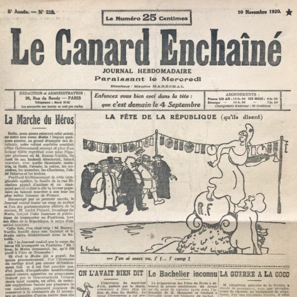 Couac ! | N° 228 du Canard Enchaîné - 10 Novembre 1920 | Nos Exemplaires du Canard Enchaîné sont archivés dans de bonnes conditions de conservation (obscurité, hygrométrie maitrisée et faible température), ce qui s'avère indispensable pour des journaux anciens. | 228 rotated