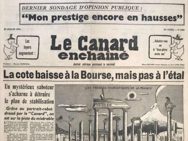 Couac ! | N° 2280 du Canard Enchaîné - 1 Juillet 1964 | 22, v'là les journalistes, par Gabriel Macé - L'article raconte l'histoire d'un journaliste, Guy J Lahaye, qui a été interrogé pendant huit heures par la 1re Brigade mobile en raison d'une erreur d'interprétation de ses propos par un autre journaliste, Guy Richer. Richer, pensant avoir trouvé des similitudes entre les déclarations de Lahaye et les lettres de "l’Étrangleur", a fait diffuser un portrait-robot de l'inconnu, ce qui a conduit à l'interrogatoire de Lahaye. Cependant, il s'est avéré que Lahaye n'était pas l’Étrangleur. Malgré cela, la police a continué à interroger de nombreux autres suspects, sans succès. L'article critique le comportement des journalistes impliqués dans cette affaire et souligne l'absurdité de la situation. En conclusion, l'auteur conseille aux lecteurs de se méfier des journalistes et de prendre des précautions s'ils sont interrogés sur une affaire similaire à "l'affaire Taron". | 2280