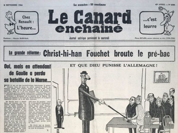 Couac ! | N° 2290 du Canard Enchaîné - 9 Septembre 1964 | 112,8 % d'augmentations fiscales sur le vin sous Giscard ! Dans cet article, l'auteur met en lumière les décisions fiscales récentes concernant le vin sous le gouvernement de Giscard. Il critique les mesures prises, notamment l'augmentation des taxes sur le vin de consommation courante de 112,8 % sur la période de 1958 à 1964. L'auteur exprime des inquiétudes quant à l'avenir de la production viticole française, en particulier face à la concurrence étrangère, notamment celle des vins algériens. Il souligne les récents décrets visant à réduire la production viticole et à imposer des normes strictes aux vins courants, ce qui pourrait affecter les petits producteurs et les professionnels du secteur. En outre, l'article évoque les éventuelles conséquences de l'entrée de l'Espagne dans le marché commun européen, ce qui pourrait entraîner une concurrence accrue pour les producteurs français. L'auteur suggère que ces décisions fiscales pourraient être motivées par des intérêts économiques et politiques à long terme, notamment en lien avec les perspectives d'exportation vers l'Espagne. En résumé, l'article met en évidence les préoccupations concernant l'avenir de la viticulture française face aux défis économiques et politiques actuels, ainsi que les conséquences potentielles des décisions fiscales récentes sur le secteur viticole. | 2290