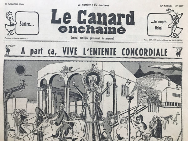 Couac ! | N° 2297 du Canard Enchaîné - 28 Octobre 1964 | Sartre et le prestige - Morvan Lebesque, dans cet article, exprime son admiration pour Jean-Paul Sartre, notamment pour sa décision de refuser le prix Nobel de littérature. Lebesque critique ceux qui ont tenté de minimiser ou de trouver des explications superficielles à ce refus, soulignant plutôt l'importance de l'œuvre de Sartre et sa contribution à la littérature mondiale. Il compare Sartre à Voltaire, louant leur engagement dans les affaires de leur époque respective et leur capacité à incarner les idéaux et les luttes de leur temps. Lebesque déplore le manque de reconnaissance de Sartre en France, notamment parmi les académiciens et les écrivains traditionnels, mais souligne que son œuvre a trouvé un écho favorable auprès de la jeunesse du monde entier. Lebesque aborde également la question du prestige culturel français à l'étranger, mettant en avant le rôle de Sartre en tant que représentant de la littérature française dans l'imaginaire collectif international. Il suggère que Sartre, malgré les critiques ou les tentatives de le réduire à une simple anecdote, incarne la grandeur culturelle de la France dans l'esprit de nombreux étrangers. Enfin, Lebesque conclut sur une note ironique en évoquant le contraste entre la reconnaissance internationale accordée à Sartre et le désarroi de la France face à son manque de prestige dans d'autres domaines. Il suggère que, pour l'instant, Sartre est l'une des rares sources de prestige pour la France sur la scène mondiale. Brassens unique rue de la Gaité - Roland Bacri | 2297