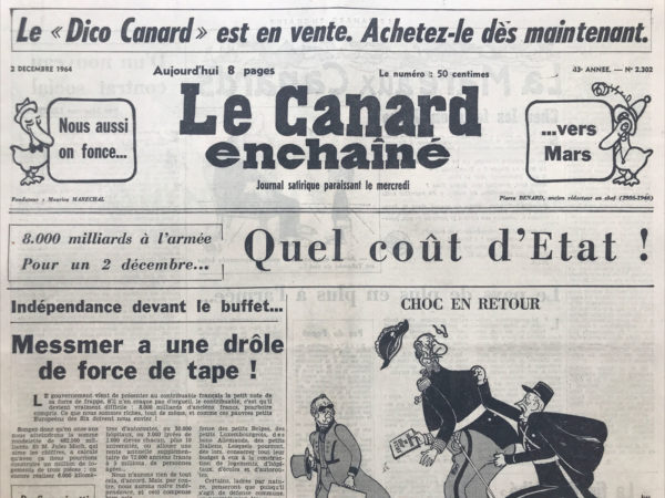 Couac ! | N° 2302 du Canard Enchaîné - 2 Décembre 1964 | La fin de "Libé" - Une libération définitive - Le canard évoque la fin tragique du quotidien « Libération », considéré comme l'un des derniers bastions de l'opposition de gauche. Il déplore la disparition de ce journal combatif, doté d'une équipe brillante et dynamique, et attribue sa chute principalement à l'omniprésence de l'argent dans les médias. Il souligne comment la presse de gauche, y compris « Libération », a été étouffée par les intérêts financiers, notamment lorsqu'elle est confrontée à des difficultés économiques. Tréno évoque également l'implication du Parti communiste dans la décision de mettre fin à « Libération », en raison de désaccords politiques et financiers. Enfin, l'auteur critique l'influence de l'argent dans la politique éditoriale des journaux, soulignant les difficultés rencontrées par « Libération » pour trouver un soutien financier compatible avec ses valeurs de gauche. Il met en lumière les tensions politiques et financières qui ont conduit à la disparition d'un journal emblématique de l'opposition de gauche en France. | 2302