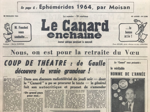 Couac ! | N° 2306 du Canard Enchaîné - 30 Décembre 1964 | Si t'as été à Tahiti...Ma force de frappe envahit les îles - Un paradis bien perdu - Cet article expose les conséquences néfastes de l'installation d'une base d'essais atomiques en Polynésie, notamment à Tahiti. Il met en lumière les préoccupations des habitants locaux et les impacts socio-économiques de cette décision gouvernementale. Le député tahitien Teariki exprime ses inquiétudes concernant les essais atomiques en Polynésie, soulignant les dangers des retombées radioactives et de la propagation de la radioactivité à travers certaines espèces de poissons migrateurs. Il déplore également les conséquences sur la qualité de vie des habitants de l'île, désormais menacée de devenir un secteur maudit. Le récit évoque le développement touristique prometteur de Tahiti au début des années 1960, avec la construction d'un aérodrome géant et l'ouverture d'hôtels pour attirer les visiteurs étrangers. Cependant, l'installation d'une base d'essais atomiques vient compromettre ces perspectives, générant des préoccupations quant à la santé publique, l'environnement et la stabilité économique de l'île. En outre, le texte aborde les problèmes sociaux résultant de la présence militaire accrue, tels que l'augmentation des maladies vénériennes et des cas de prostitution. Il met en lumière les tensions culturelles entre les populations locales et les forces armées étrangères, ainsi que les critiques à l'égard de comportements immoraux impliquant certains membres du clergé et de l'éducation. En résumé, ce texte dénonce les effets dévastateurs de l'installation d'une base d'essais atomiques en Polynésie sur la vie des habitants locaux et l'équilibre social de l'île, mettant en évidence les conséquences désastreuses de la militarisation et de l'exploitation négligente de l'environnement. | 2306