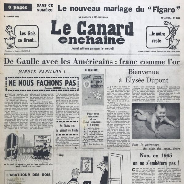 Couac ! | N° 2307 du Canard Enchaîné - 6 Janvier 1965 | Nos Exemplaires du Canard Enchaîné sont archivés dans de bonnes conditions de conservation (obscurité, hygrométrie maitrisée et faible température), ce qui s'avère indispensable pour des journaux anciens. | 2307