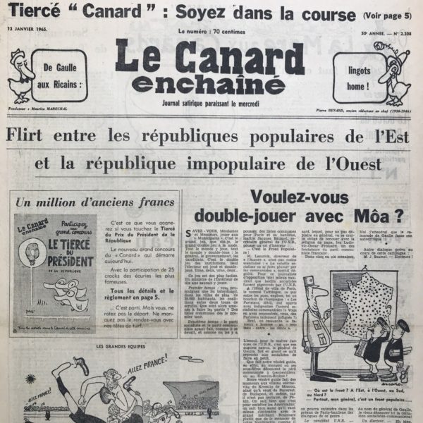 Couac ! | N° 2308 du Canard Enchaîné - 13 Janvier 1965 | Nos Exemplaires du Canard Enchaîné sont archivés dans de bonnes conditions de conservation (obscurité, hygrométrie maitrisée et faible température), ce qui s'avère indispensable pour des journaux anciens. | 2308