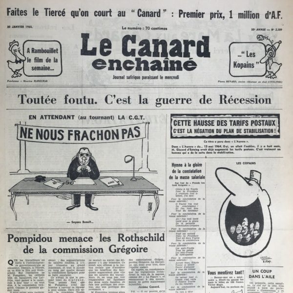 Couac ! | N° 2309 du Canard Enchaîné - 20 Janvier 1965 | Nos Exemplaires du Canard Enchaîné sont archivés dans de bonnes conditions de conservation (obscurité, hygrométrie maitrisée et faible température), ce qui s'avère indispensable pour des journaux anciens. | 2309