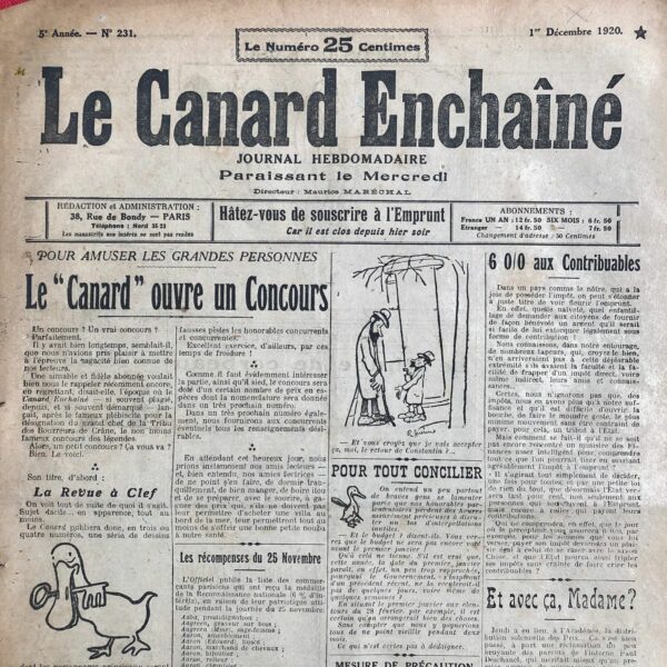 Couac ! | N° 231 du Canard Enchaîné - 1 Décembre 1920 | Nos Exemplaires du Canard Enchaîné sont archivés dans de bonnes conditions de conservation (obscurité, hygrométrie maitrisée et faible température), ce qui s'avère indispensable pour des journaux anciens. | 231 1 rotated