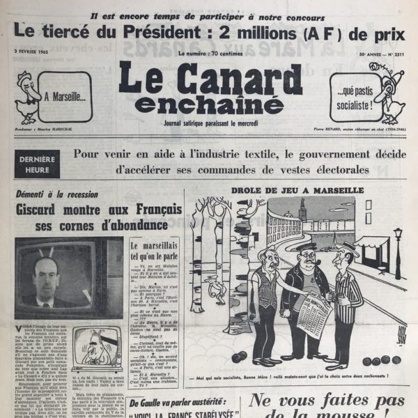 Couac ! | N° 2311 du Canard Enchaîné - 3 Février 1965 | Nos Exemplaires du Canard Enchaîné sont archivés dans de bonnes conditions de conservation (obscurité, hygrométrie maitrisée et faible température), ce qui s'avère indispensable pour des journaux anciens. | 2311