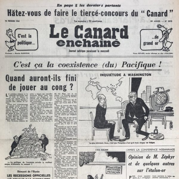 Couac ! | N° 2312 du Canard Enchaîné - 10 Février 1965 | Nos Exemplaires du Canard Enchaîné sont archivés dans de bonnes conditions de conservation (obscurité, hygrométrie maitrisée et faible température), ce qui s'avère indispensable pour des journaux anciens. | 2312