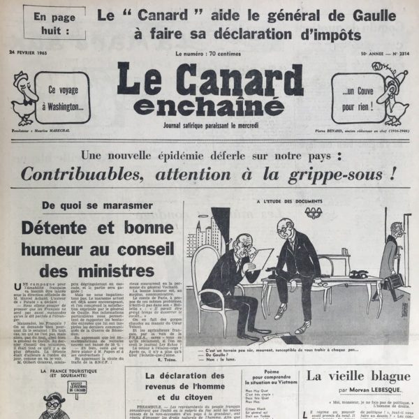 Couac ! | N° 2314 du Canard Enchaîné - 24 Février 1965 | Nos Exemplaires du Canard Enchaîné sont archivés dans de bonnes conditions de conservation (obscurité, hygrométrie maitrisée et faible température), ce qui s'avère indispensable pour des journaux anciens. | 2314