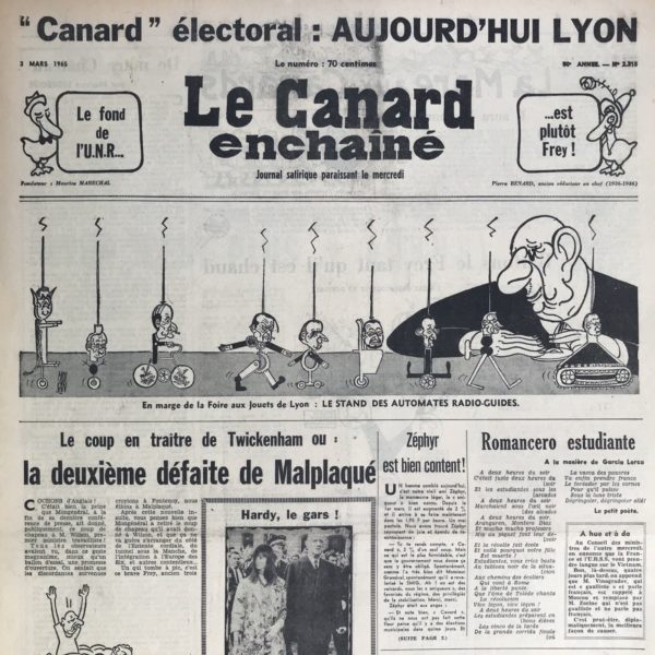 Couac ! | N° 2315 du Canard Enchaîné - 3 Mars 1965 | Nos Exemplaires du Canard Enchaîné sont archivés dans de bonnes conditions de conservation (obscurité, hygrométrie maitrisée et faible température), ce qui s'avère indispensable pour des journaux anciens. | 2315