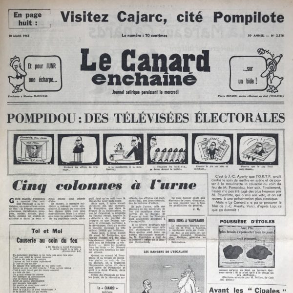 Couac ! | N° 2316 du Canard Enchaîné - 10 Mars 1965 | Nos Exemplaires du Canard Enchaîné sont archivés dans de bonnes conditions de conservation (obscurité, hygrométrie maitrisée et faible température), ce qui s'avère indispensable pour des journaux anciens. | 2316