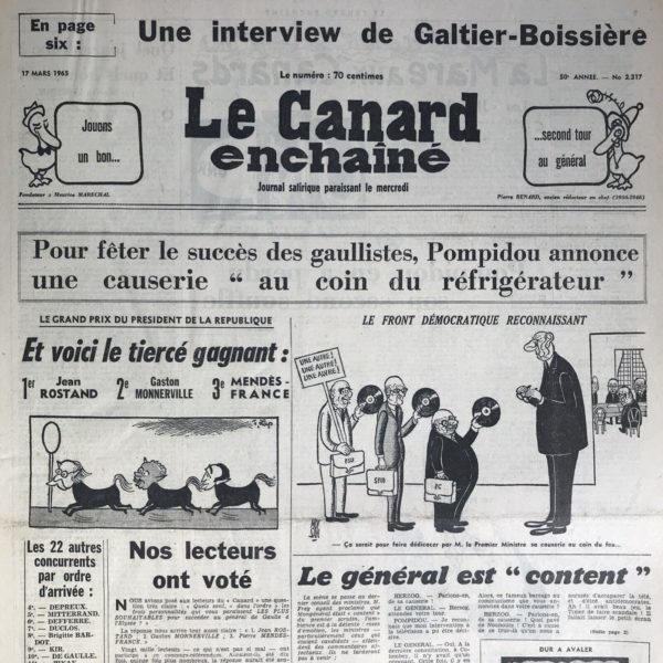 Couac ! | N° 2317 du Canard Enchaîné - 17 Mars 1965 | Nos Exemplaires du Canard Enchaîné sont archivés dans de bonnes conditions de conservation (obscurité, hygrométrie maitrisée et faible température), ce qui s'avère indispensable pour des journaux anciens. | 2317