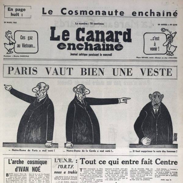 Couac ! | N° 2318 du Canard Enchaîné - 24 Mars 1965 | Nos Exemplaires du Canard Enchaîné sont archivés dans de bonnes conditions de conservation (obscurité, hygrométrie maitrisée et faible température), ce qui s'avère indispensable pour des journaux anciens. | 2318