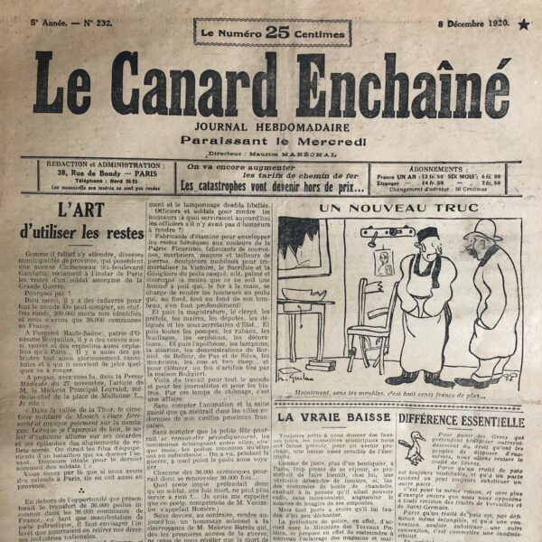 Couac ! | N° 232 du Canard Enchaîné - 8 Décembre 1920 | Nos Exemplaires du Canard Enchaîné sont archivés dans de bonnes conditions de conservation (obscurité, hygrométrie maitrisée et faible température), ce qui s'avère indispensable pour des journaux anciens. | 232 rotated