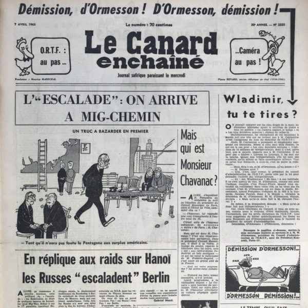 Couac ! | N° 2320 du Canard Enchaîné - 7 Avril 1965 | Nos Exemplaires du Canard Enchaîné sont archivés dans de bonnes conditions de conservation (obscurité, hygrométrie maitrisée et faible température), ce qui s'avère indispensable pour des journaux anciens. | 2320