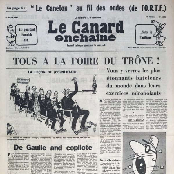 Couac ! | N° 2322 du Canard Enchaîné - 21 Avril 1965 | Nos Exemplaires du Canard Enchaîné sont archivés dans de bonnes conditions de conservation (obscurité, hygrométrie maitrisée et faible température), ce qui s'avère indispensable pour des journaux anciens. | 2322