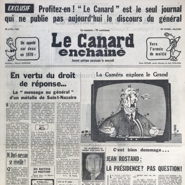 Couac ! | N° 2323 du Canard Enchaîné - 28 Avril 1965 | Nos Exemplaires du Canard Enchaîné sont archivés dans de bonnes conditions de conservation (obscurité, hygrométrie maitrisée et faible température), ce qui s'avère indispensable pour des journaux anciens. | 2323