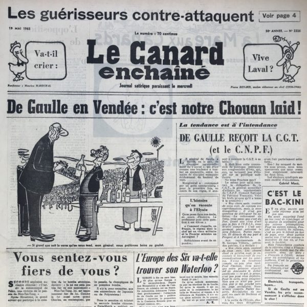 Couac ! | N° 2326 du Canard Enchaîné - 19 Mai 1965 | Nos Exemplaires du Canard Enchaîné sont archivés dans de bonnes conditions de conservation (obscurité, hygrométrie maitrisée et faible température), ce qui s'avère indispensable pour des journaux anciens. | 2326