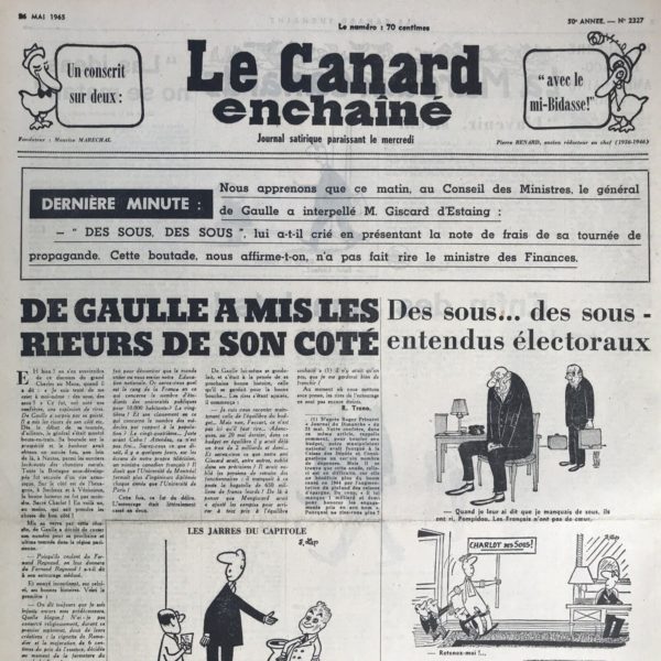 Couac ! | N° 2327 du Canard Enchaîné - 26 Mai 1965 | Nos Exemplaires du Canard Enchaîné sont archivés dans de bonnes conditions de conservation (obscurité, hygrométrie maitrisée et faible température), ce qui s'avère indispensable pour des journaux anciens. | 2327