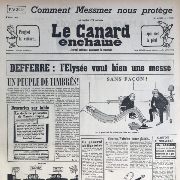 Couac ! | N° 2328 du Canard Enchaîné - 2 Juin 1965 | Nos Exemplaires du Canard Enchaîné sont archivés dans de bonnes conditions de conservation (obscurité, hygrométrie maitrisée et faible température), ce qui s'avère indispensable pour des journaux anciens. | 2328