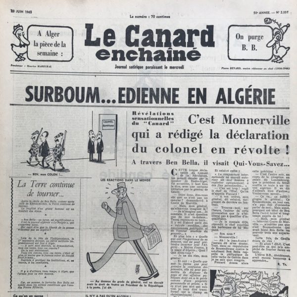 Couac ! | N° 2331 du Canard Enchaîné - 23 Juin 1965 | "SURBOUM...EDIENNE EN ALGERIE"-C'EST MONNERVILLE QUI A REDIGE LA DECLARATION DU COLONEL EN REVOLTE!-TOURS ET POURTOUR DE FRANCE-MAURIAC/CASTRO/W D'ORMESSON/DE GAULLE-"VIVE LA FRANGE" ONT CRIE LES BEATLES/ARTICLE DE JEAN-PAUL GROUSSETDE -LE SECRET DE LEUR REUSSITE AUJOURD'HUI: EDDIE BARCLAY | 2331