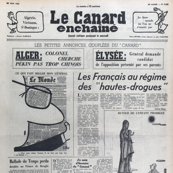 Couac ! | N° 2332 du Canard Enchaîné - 30 Juin 1965 | Nos Exemplaires du Canard Enchaîné sont archivés dans de bonnes conditions de conservation (obscurité, hygrométrie maitrisée et faible température), ce qui s'avère indispensable pour des journaux anciens. | 2332