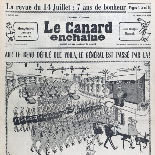 Couac ! | N° 2334 du Canard Enchaîné - 14 Juillet 1965 | Nos Exemplaires du Canard Enchaîné sont archivés dans de bonnes conditions de conservation (obscurité, hygrométrie maitrisée et faible température), ce qui s'avère indispensable pour des journaux anciens. | 2334