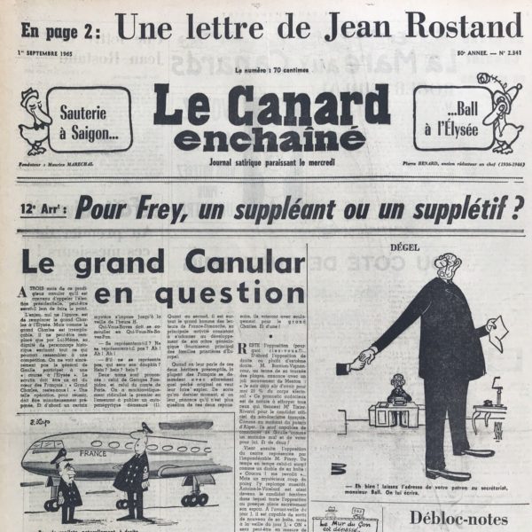 Couac ! | N° 2341 du Canard Enchaîné - 1 Septembre 1965 | Nos Exemplaires du Canard Enchaîné sont archivés dans de bonnes conditions de conservation (obscurité, hygrométrie maitrisée et faible température), ce qui s'avère indispensable pour des journaux anciens. | 2341