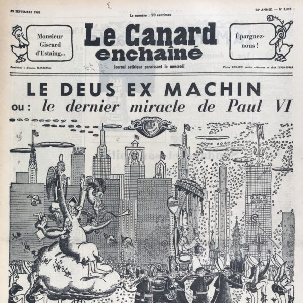 Couac ! | N° 2345 du Canard Enchaîné - 29 Septembre 1965 | Chroniques de la Cour, d’André Ribaud - Eclosion de M. de Mitterrand (futur candidat aux Présidentielles de fin d’année) — Court crayon de bon personnage — Sa pertinacité — Bon succès de ses premiers pas — Mezzo-termine interminables du Prince Pinay de la Tannerie (Antoine Pinay, qui tarde à se présenter à ces élections) — Hoquets des conjonctures — Ruses variées, mais malheureuses pour percer les gazes du Roi (Va-t-il se représenter ?) - | 2345