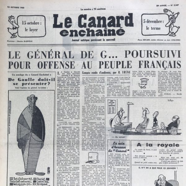 Couac ! | N° 2347 du Canard Enchaîné - 13 Octobre 1965 | Nos Exemplaires du Canard Enchaîné sont archivés dans de bonnes conditions de conservation (obscurité, hygrométrie maitrisée et faible température), ce qui s'avère indispensable pour des journaux anciens. | 2347