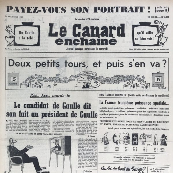 Couac ! | N° 2354 du Canard Enchaîné - 1 Décembre 1965 | Chroniques de la Cour, d’André Ribaud -Rapprochement des Grands Jours de France (élection présidentielle) — Superbe, bientôt rabattue, du Roi (il ne fait pas campagne) — Disposition des armées des Prétendants (commande de sondages) — Frayeur des courtisans, de leurs progrès (ces sondages sont peu rassurant) — Qui n’entame pas d’abord la morgue de confiance du Roi — Puis l’oblige à entrer dans des tempéraments humiliants et à se démasquer dans les étranges lucarnes (interview donnée le 30 novembre) | 2354