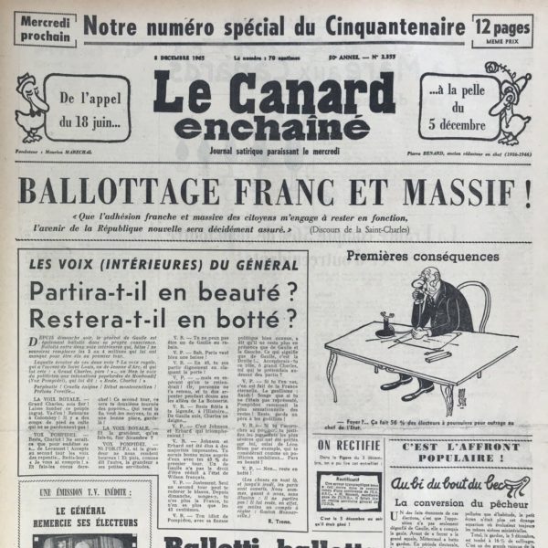 Couac ! | N° 2355 du Canard Enchaîné - 8 Décembre 1965 | Chroniques de la Cour, d’André Ribaud - Avènement de Charles le Ballotté (pas de majorité absolue au 1er tour des présidentielle) — Horreur et confusion de cette épouvantable nuit du 5 (où il fut mis en ballottage) — Spectacle de l’accablement de la Cour — Clôture endeuillée des ministres — Silence effrayant du Roi (songe à se retirer) — Trait de génie de M. de Palewski (“96,5% des suffrages à Wallis-et-Futuna) — Soulagement de Bonneval (aide de camp et confident du Général, plus à ses côtés alors) | 2355