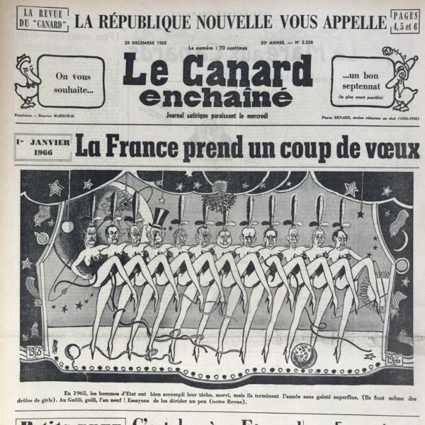 Couac ! | N° 2358 du Canard Enchaîné - 29 Décembre 1965 | Tintin et Michou ou les aventures du Général Haddock, par Escaro - Cette série de planches en page 5 du Canard, met en scène de Gaulle au pinacle de sa puissance sous l'aspect de Haddock. La série en quatre épisodes « Tintin - Michou (Michel Debré) » copie des pages d'Hergé en changeant l'ordre des cases et en les adaptant pour ironiser, dans cette première aventure, sur les élections présidentielles de 1965, et l'avenir de la France. La récupération du personnage dans l'hebdomadaire a aussi pour effet de certifier la place de Tintin dans le canon littéraire, confirmée par un public adulte et politiquement engagé. Chroniques de la Cour, d’André Ribaud -Le Roi à Colombey pour le temps de Noël — Oreilles de cochon — Courtisans fort au guet — M. de Pompidou se retire à Orvilliers — Fronde des barons succédant à celle du peuple (peur pour leur poste) — Chaleur tumultuaire contre le Premier Ministre (suite au ballottement de De Gaulle) — Chimères folies des chevaux-légers de main gauche (espérant un poste) -  Le Roi énigmatique et délecté de ses énigmes - | 2358