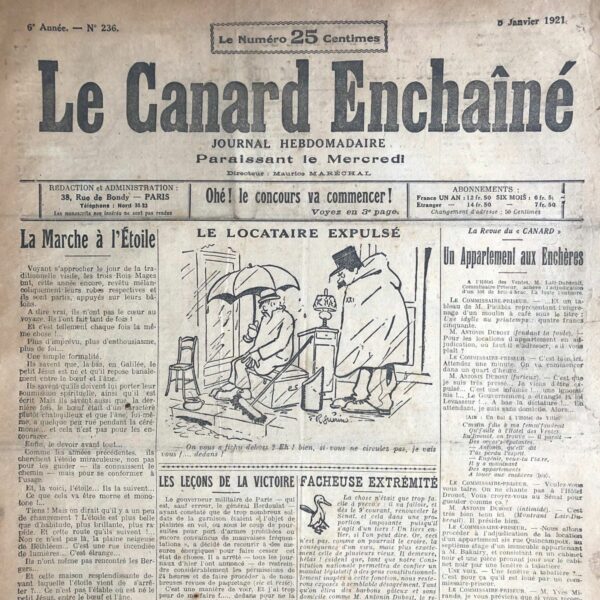 Couac ! | N° 236 du Canard Enchaîné - 5 Janvier 1921 | Nos Exemplaires du Canard Enchaîné sont archivés dans de bonnes conditions de conservation (obscurité, hygrométrie maitrisée et faible température), ce qui s'avère indispensable pour des journaux anciens. | 236 2